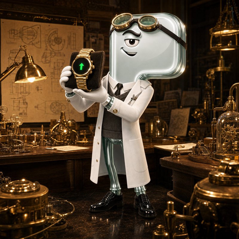 Q Branch in a lab coat and brass goggles, presenting a gold watch in a workshop